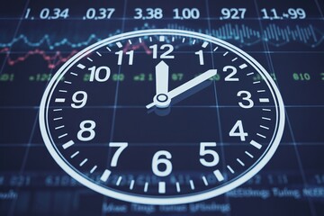 Modern clock and futuristic digital stock market data graph interface concept for business timing.