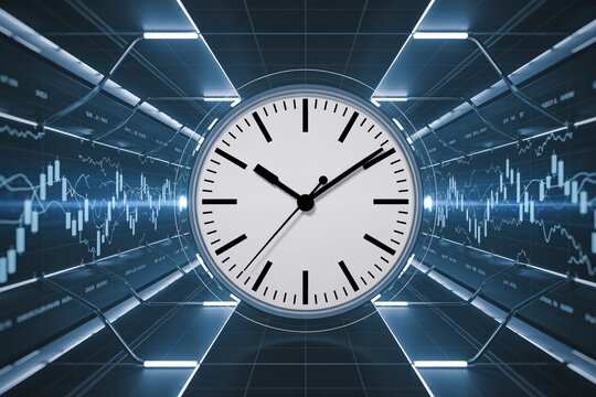 Modern clock and futuristic digital stock market data graph interface concept for business timing.