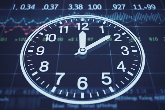 Modern clock and futuristic digital stock market data graph interface concept for business timing.