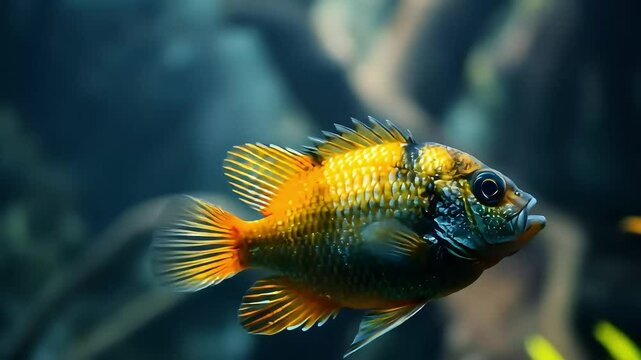 Orange and Green Speckled Fish Swimming in Aquarium. Generative AI