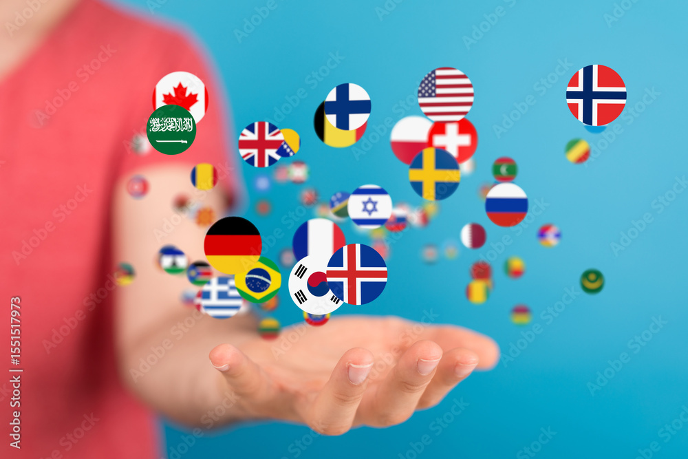 Poster Image of diverse flags floating above an open hand, symbolizing global connection and communication.