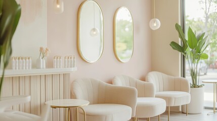 Modern nail salon waiting area with pastel tones, plush seating, and gold-framed mirrors, creating a soft and relaxing ambiance perfect for premium beauty, wellness, and interior branding concepts