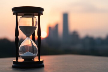 Hourglass on table at sunset with sand falling, symbolizing time management, deadline, and patience.