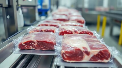 High-tech meat processing facility with automated quality control systems and sterile packaging lines. Food safety, industrial automation, and modern production workflows. Industrial meat production.