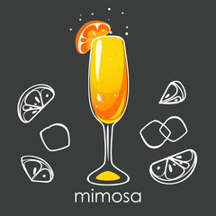 Mimosa cocktail. Refreshing summer alcoholic drink with orange and champagne. Vector illustration on a dark background.