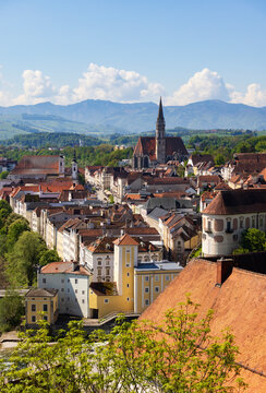 View of Steyr's old town and parish church from Taborberg in Upper Austria