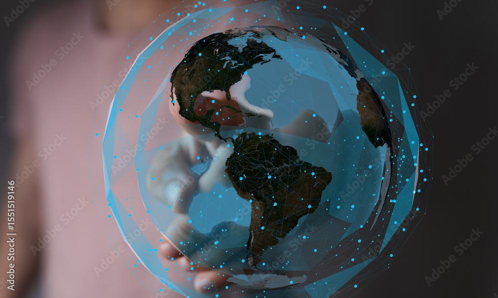 Aufkleber abstract image of a hand holding a digital earth, representing global connectivity and networking.
