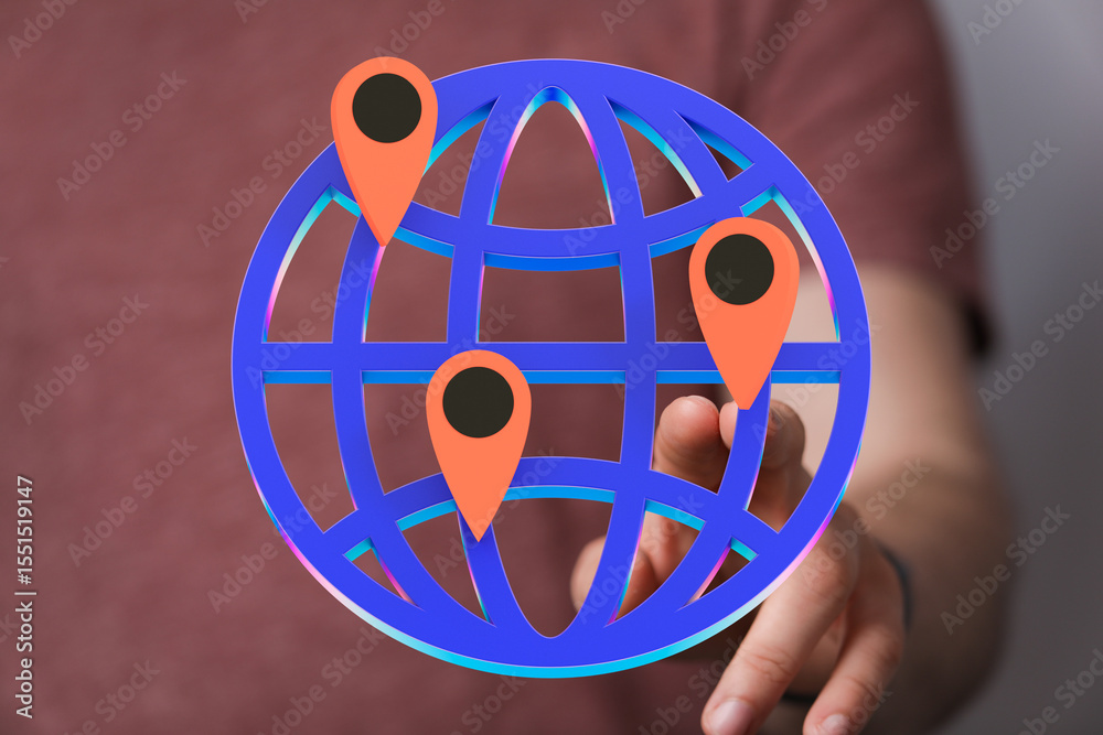 Poster A person interacts with a 3D globe displaying multiple location markers, representing global connectivity.