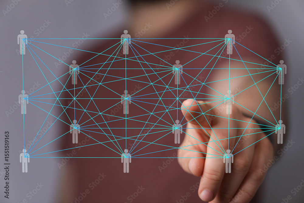 Poster visual representation of a global network, showing interconnected people. ideal for technology, soci