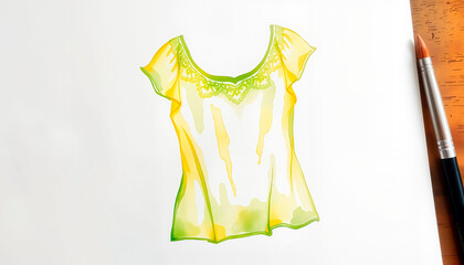 Yellow watercolor t-shirt design with floral details on white background, copy space