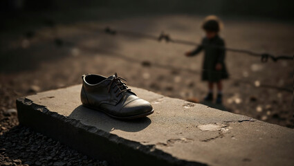 Lonely black shoe on concrete block with blurred child silhouette in the background, Holocaust theme