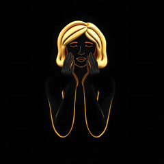 Stylized face care illustration of a woman with glowing contours on black background, beauty concept