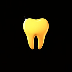 Shiny yellow cartoon tooth illustration on black background, dental health concept
