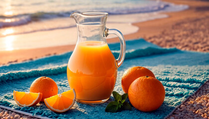 Fresh orange juice in glass pitcher with oranges on beach towel at sunset, refreshing summer drink
