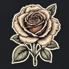 Vintage-style rose illustration for t-shirt print with detailed coloring, artistic floral design