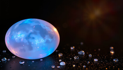 Translucent glowing orb with water droplets on black surface, enchanting and mysterious atmosphere

