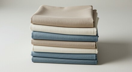 Neatly Stacked Neutral-Toned Napkins: Beige, White, and Blue Linen Textiles