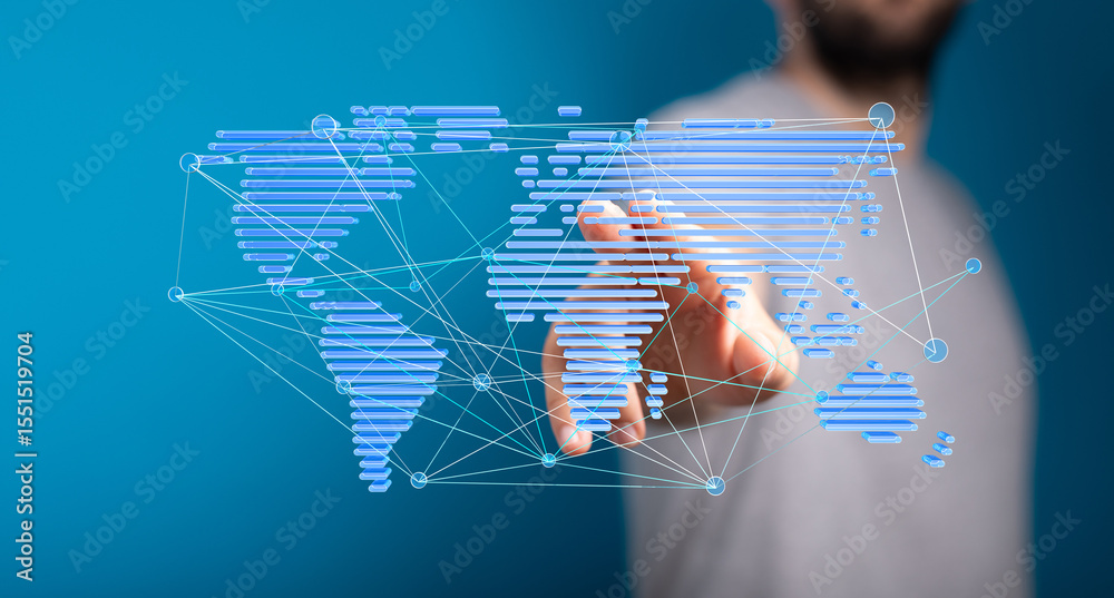 Aufkleber Image of a hand interacting with a digital world map, representing global networking and connectivity.