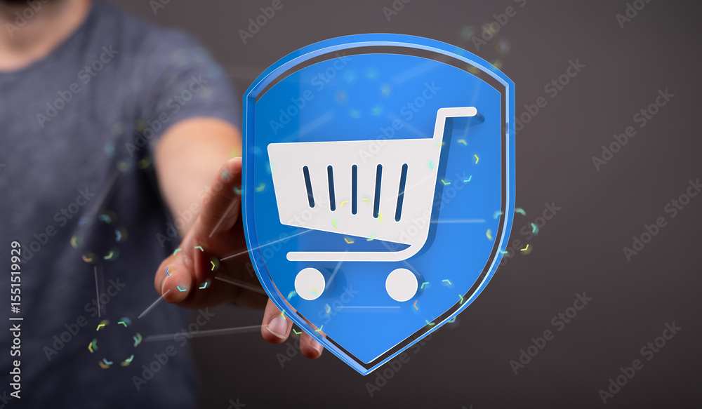 Aufkleber Image of a hand holding a digital shopping cart protected by a shield.  Represents secure online transactions.