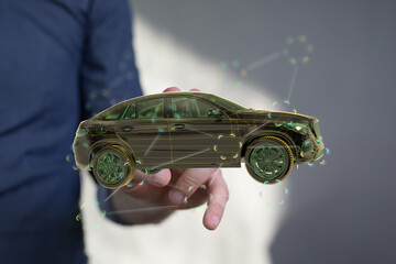 Person holding a digital 3D car model. Concept for automotive technology, innovation, and future of driving.