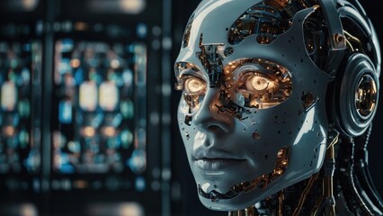 Close-up of a Cybernetic Head with Glowing Eyes and Visible Internal Mechanics