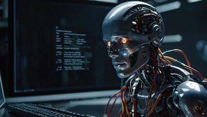 Cyborg Type on Keyboard While Analyzing Data on Computer Screen in Dimly Lit Room