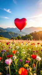 Heart Balloon with Wildflower Meadow, Sunset, and Mountains. (1)