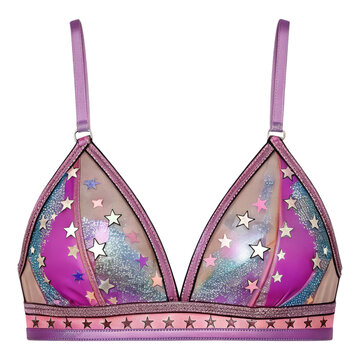 Pink star embellished bra isolated on background featuring sheer fabric and sparkle details
