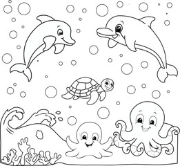 Dolphin and Sea Turtle Swimming Together in Crystal Clear Ocean