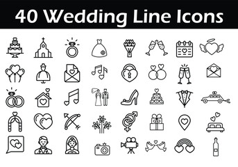 Family and wedding outline icon set. Containing marriage, party, love, rings, wedding car, Church, ceremony, photo, dinner, bouquet, tuxedo, dress and more. Editable stroke. Vector illustration.