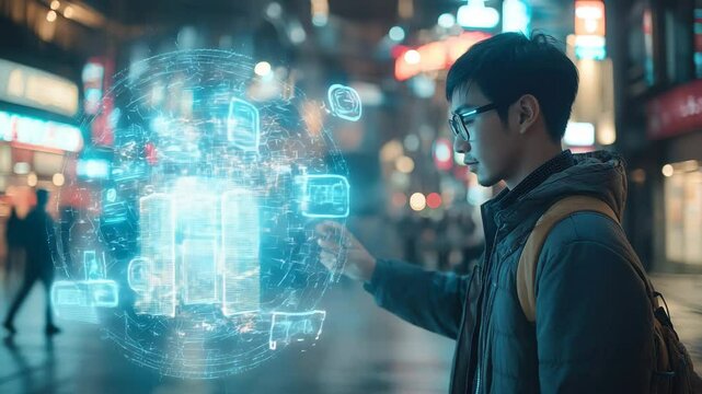 A young man interacts with holographic data in a vibrant urban setting, showcasing futuristic technology and digital innovation.