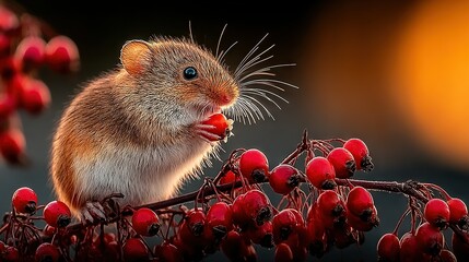a rodent on a tree branch holding berries against a focused background