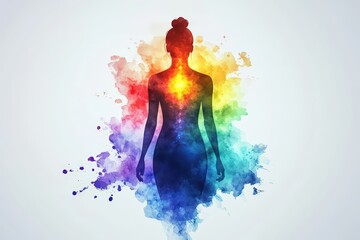 Obraz premium Watercolor chakra splashes forming human figure on white background, each energy point glowing, abstract spiritual flow radiates from vivid centers