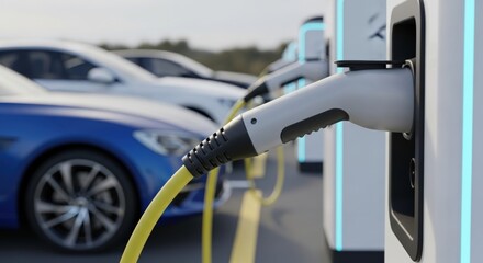 Electric Vehicle Charging Station with Modern Cars and Cables at a Public Charging Point for Eco-Friendly Transportation