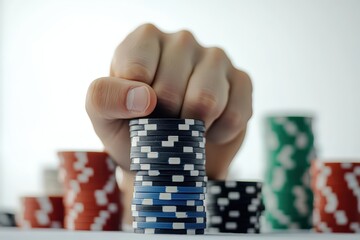 Naklejka premium Raised fist gripping chips on white, poker table blurred behind, victory gesture intense, feeling of win, energy, triumph.