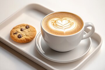 Barista serving coffee on white background, latte with heart foam beside cookie on sleek tray, modern and cozy setup with warm tones
