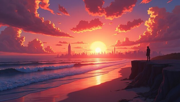 Solitary Figure at Sunset Over Coastal Cityscape