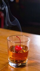 Smoky Old Fashioned Cocktail with Cherry Garnish.