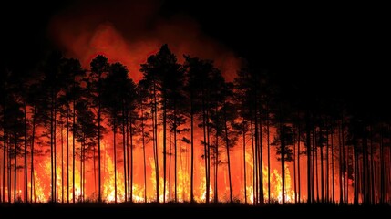 Forest Fire: Trees silhouetted against raging flames severity and danger