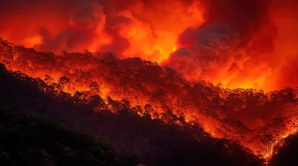 Gordijnen Intense forest fire with billowing smoke and flames engulfing landscape © Tmack