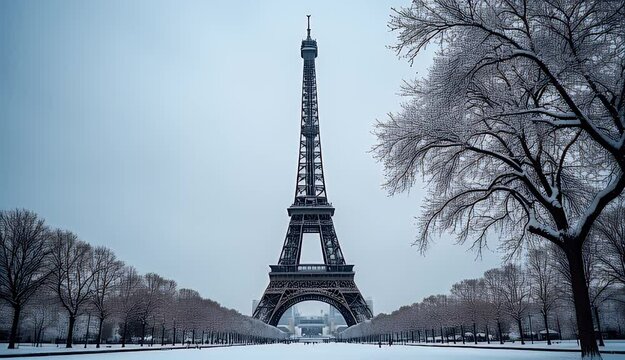 Parisian Landmark with Winter Snowfall Scenery 