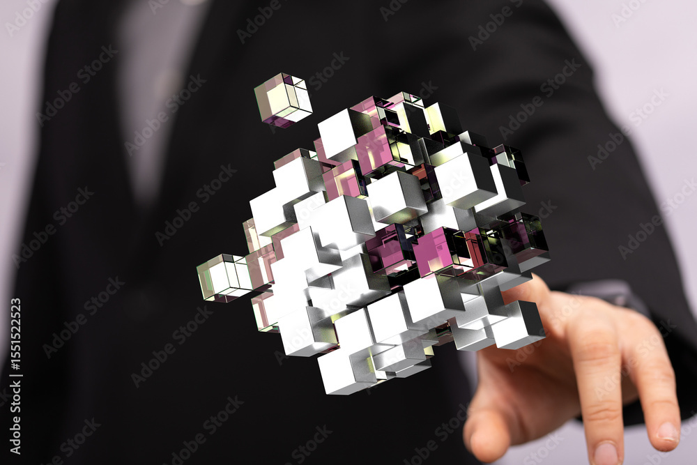 Poster abstract image of a businessman holding interconnected cubes, symbolizing network, data, or technolo