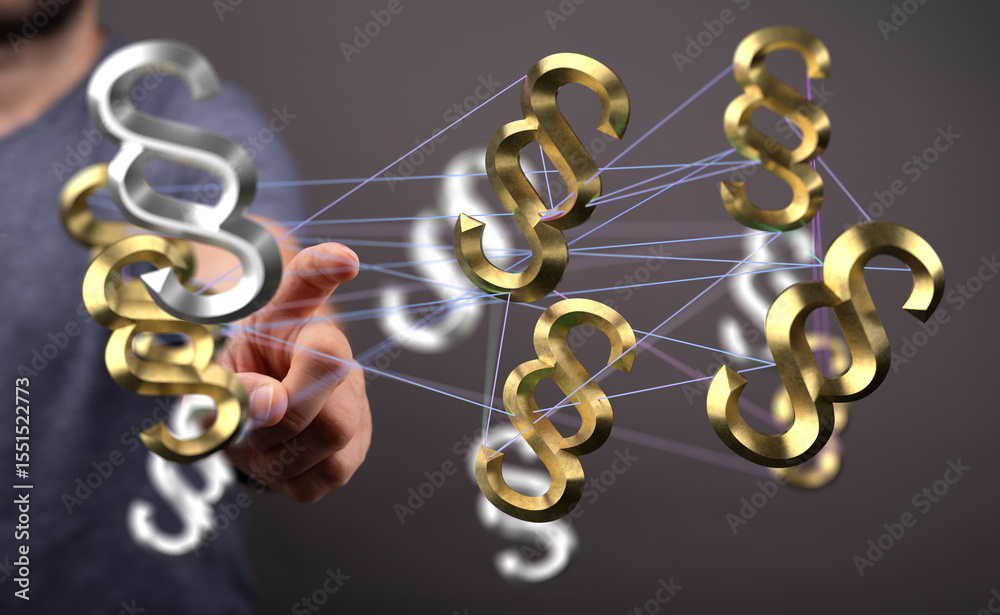 Poster abstract image of interconnected paragraph symbols, representing legal networks and regulations.