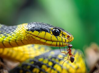 Fototapeta premium A close-up of an ant standing on the head and mouth of an open, yellow and black snake, ready to strike. The background is blurred green grass with trees in the depth of field, in a natural environmen