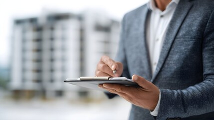 A real estate broker reviews an apartment model using a clipboard