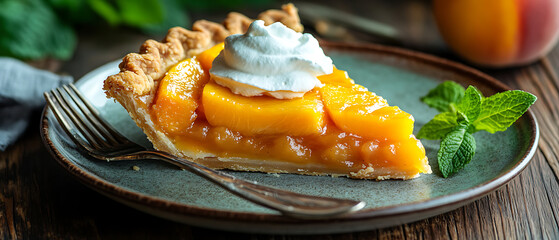 Slice of Peach Pie with Whipped Cream on a Rustic Plate