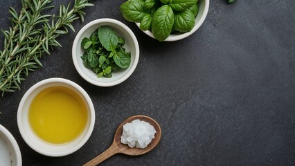 Top-down image of fresh green herbs, garlic cloves, pine nuts, olive oil, lemon slices, and grated parmesan beautifully arranged on a rustic wooden table, showcasing the preparation of homemade pesto