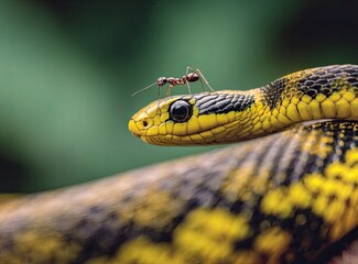 A close-up of an ant standing on the head and mouth of an open, yellow and black snake, ready to strike. The background is blurred green grass with trees in the depth of field, in a natural environmen
