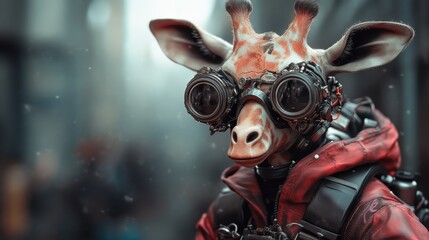 A unique steampunk-style giraffe character, dressed with futuristic goggles, merging elements of fantasy and whimsy in an imaginative and artistic portrayal.
