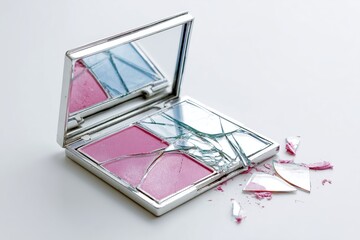 Broken cosmetic compact with pink powder and shattered mirror on white background
